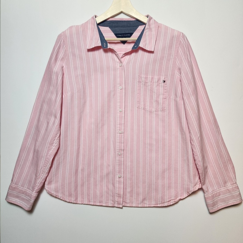 Tommy Hilfiger Striped Button Down Shirt Pink White Large